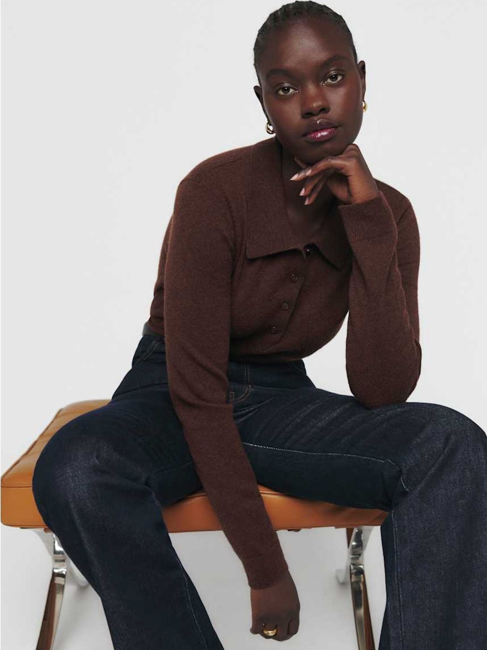 REFORMATION Berri Recycled Cashmere Cropped Polo Sweater in Dark Brown